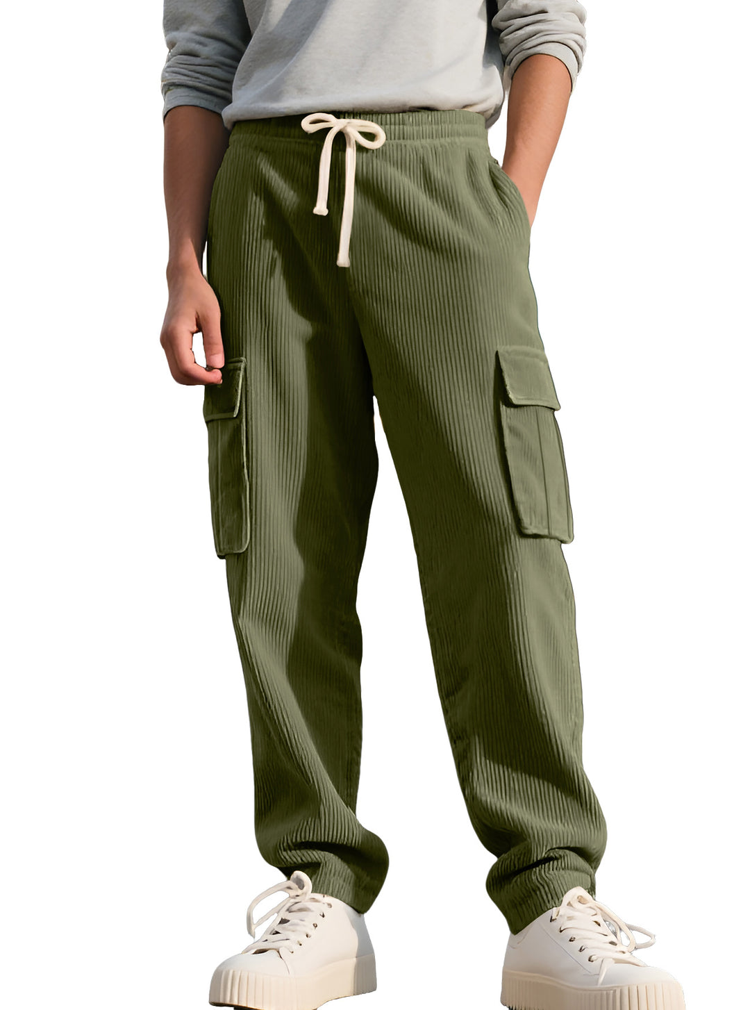 Men's casual utility cargo joggers with vertical ribbed structure, drawstring waistband, and large flap pockets StylebySassy