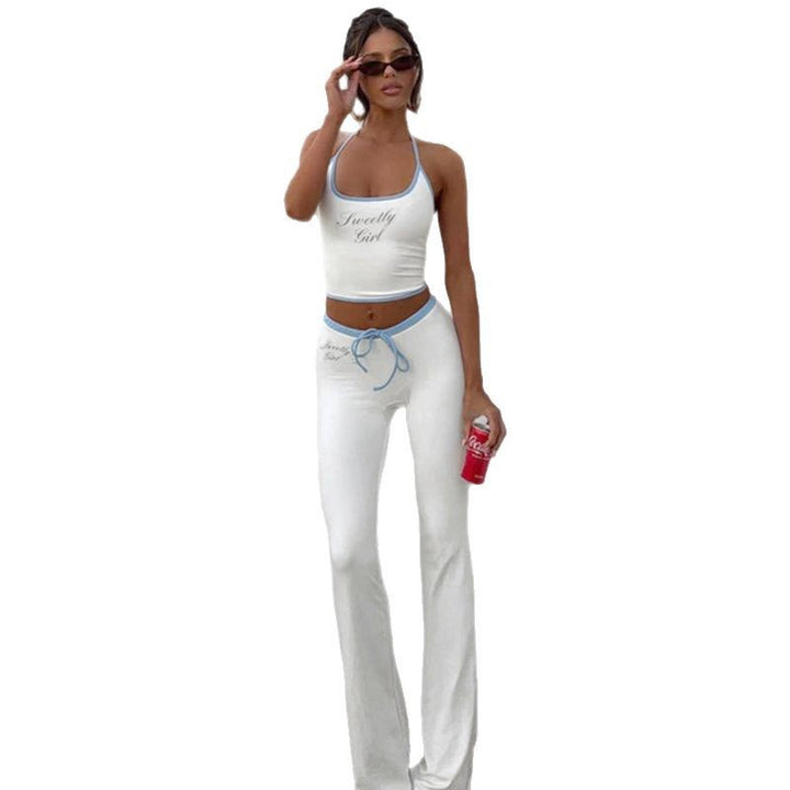 Women Casual Sleeveless Set with High Cut Top and Wide Leg Pant