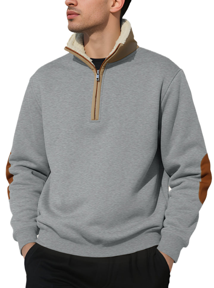 Men's nano lightweight half-zip sweatshirt with sherpa lined stand-up collar and faux leather elbow patch StylebySassy