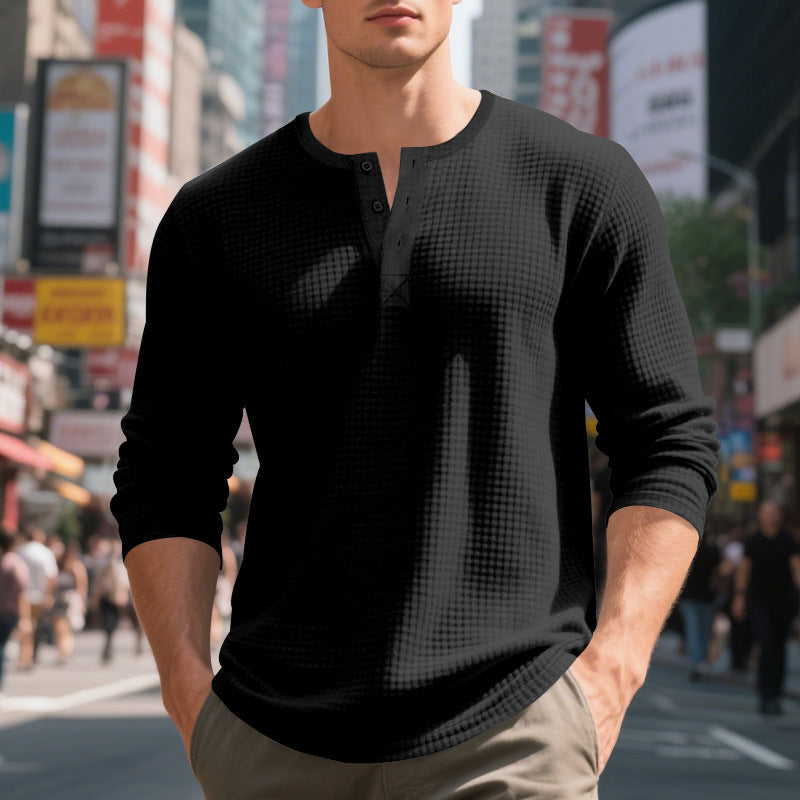 Men's nano thermoregulating waffle thermal shirt with short button placket and rounded hem StylebySassy