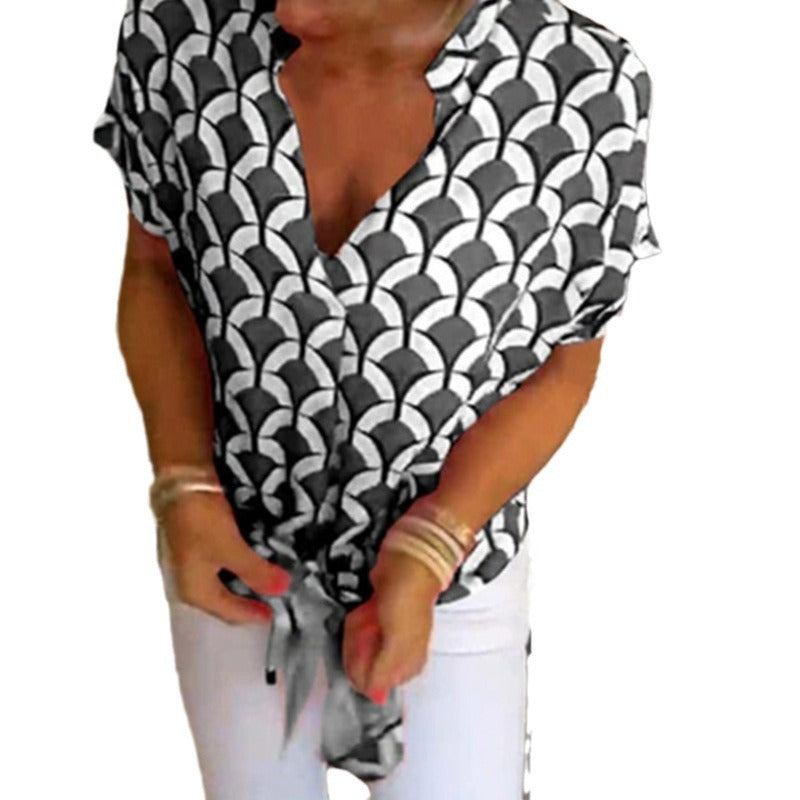 Women’s short-sleeved geometric blouse shirt with knot waistband and stand-up collar StylebySassy