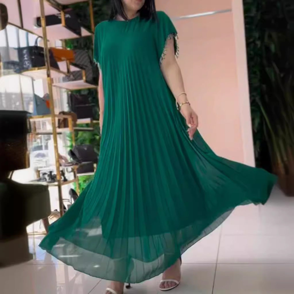 Women nan elegant chiffon pleated maxi dress with wide swing skirt and tassel sleeves StylebySassy