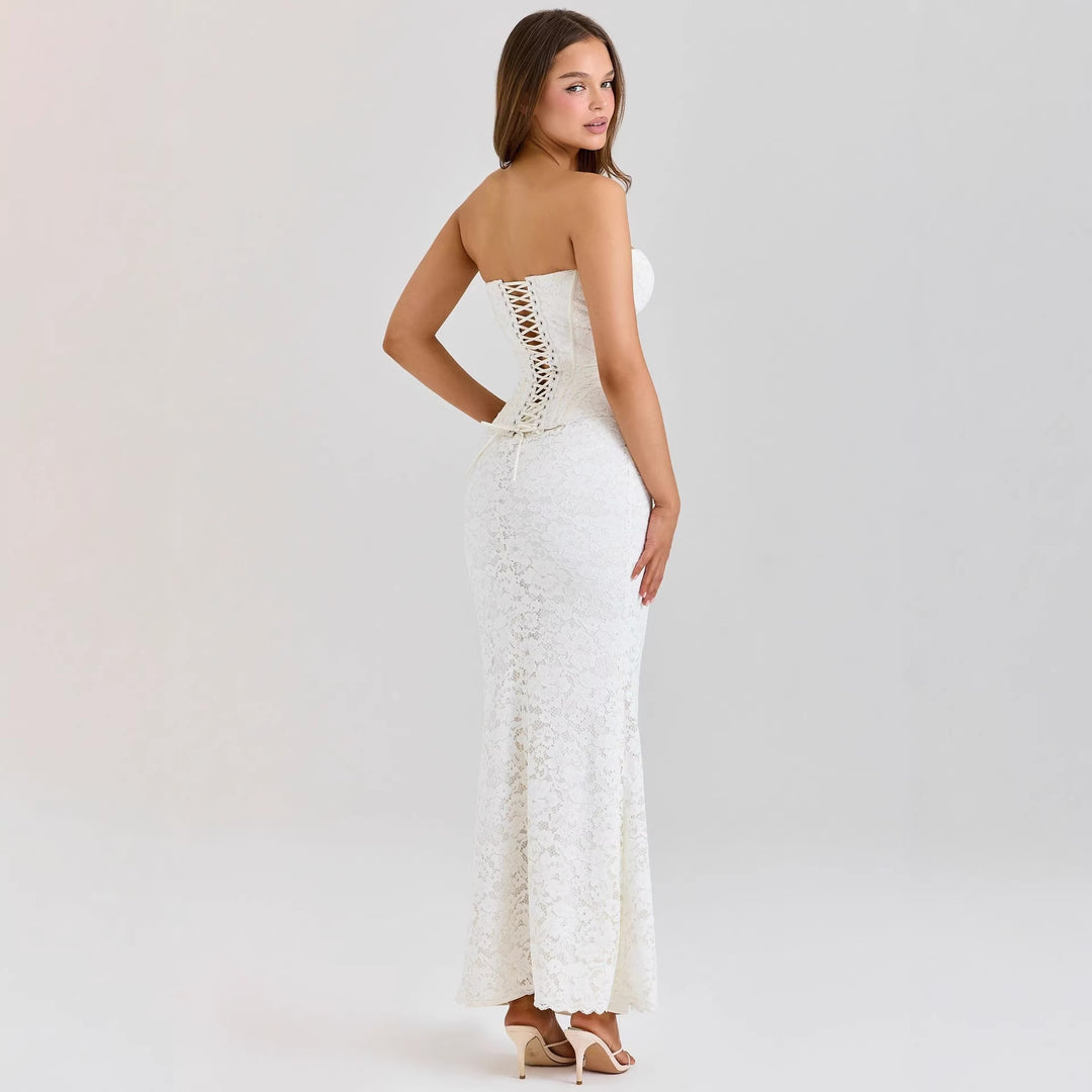 Women's two-piece lace corset set with reinforced bustier and figure-hugging mermaid skirt StylebySassy