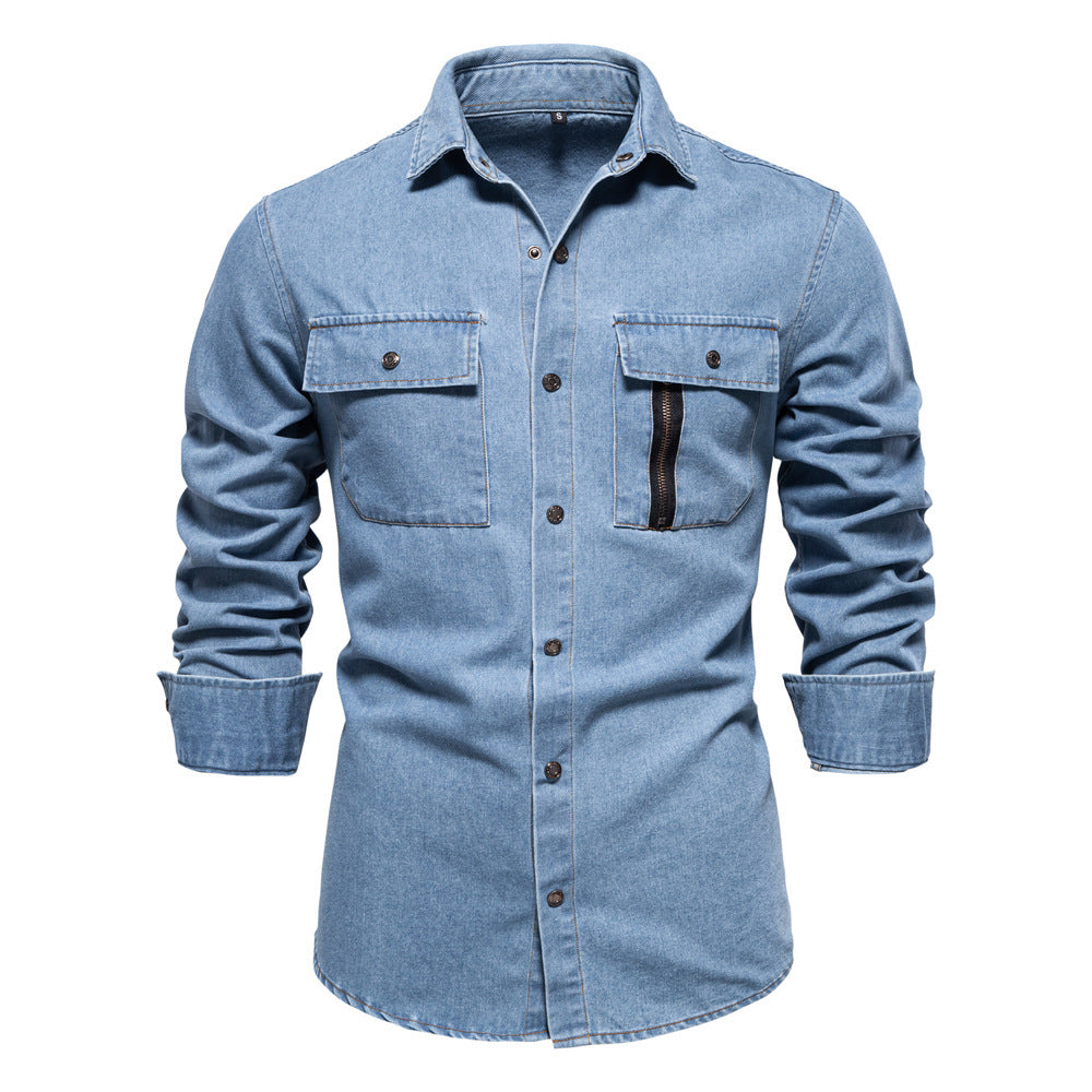 Men's tailored denim shirt with Kent collar, patch chest pockets and contrast stitching StylebySassy