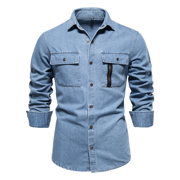 Men's tailored denim shirt with Kent collar, patch chest pockets and contrast stitching StylebySassy