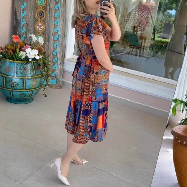 Women’s layered midi dress with V-neck, short sleeves, and patchwork look StylebySassy