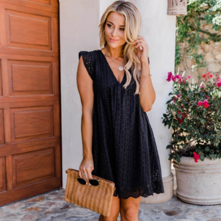 Women's Broderie-Anglaise Mini Dress with V-Neck, Ruffled Sleeves, and Insert Pockets StylebySassy