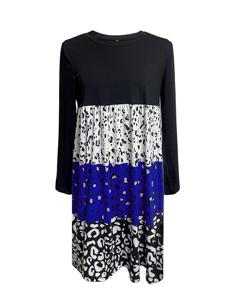 Ladies long-sleeve tiered dress with gathered empire waist and mixed animal print StylebySassy