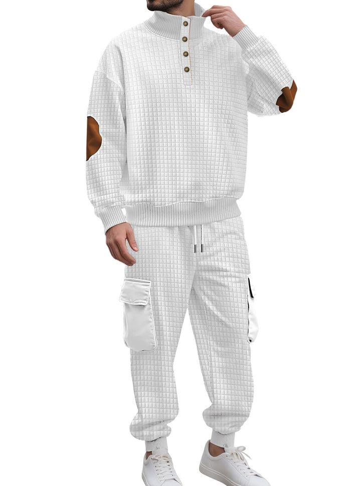 Men's check relief sweat set with stand collar button placket, velour elbow patches and cargo jogger StylebySassy