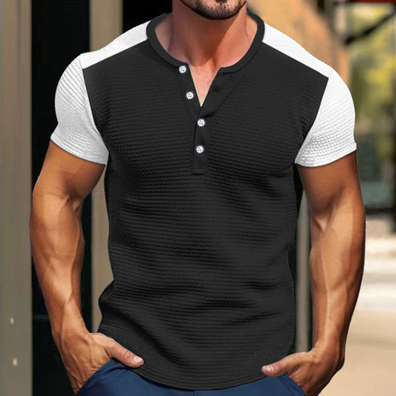 Men's short-sleeved Henley shirt with mid-length button placket and raglan sleeves StylebySassy