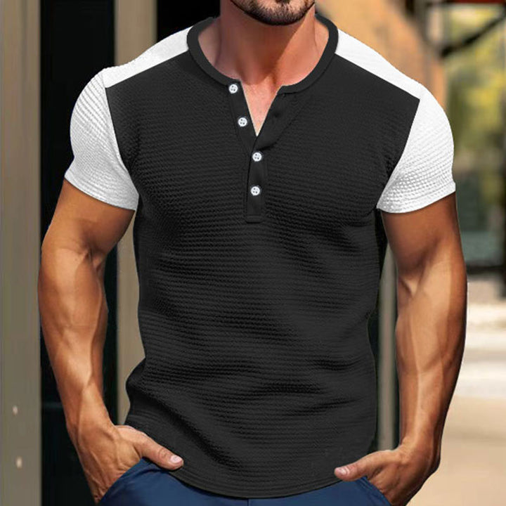 Men's short-sleeved Henley shirt with mid-length button placket and raglan sleeves StylebySassy