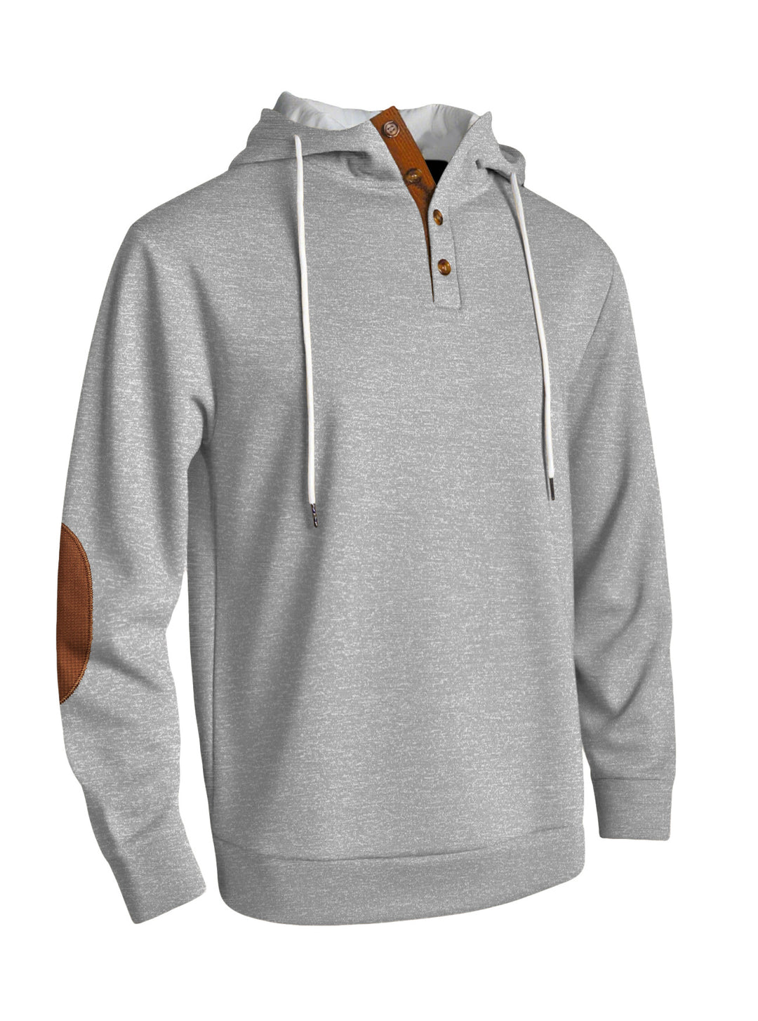 Men's hooded sweatshirt in a puristic leisure style with Henley button placket, contrasted hood interior, and elbow patches StylebySassy