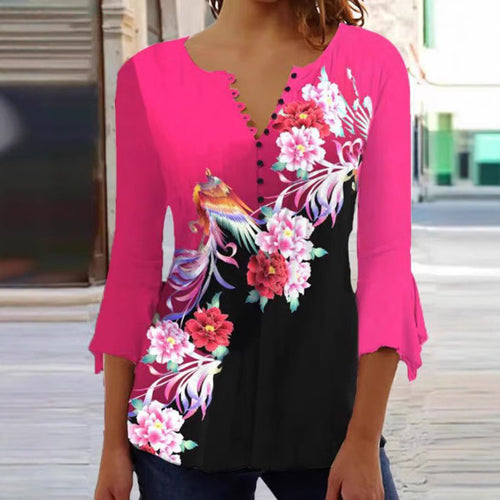 Women's V-neck tunic blouse with floral bird pattern, three-quarter flounce sleeves and figure-flattering hem StylebySassy