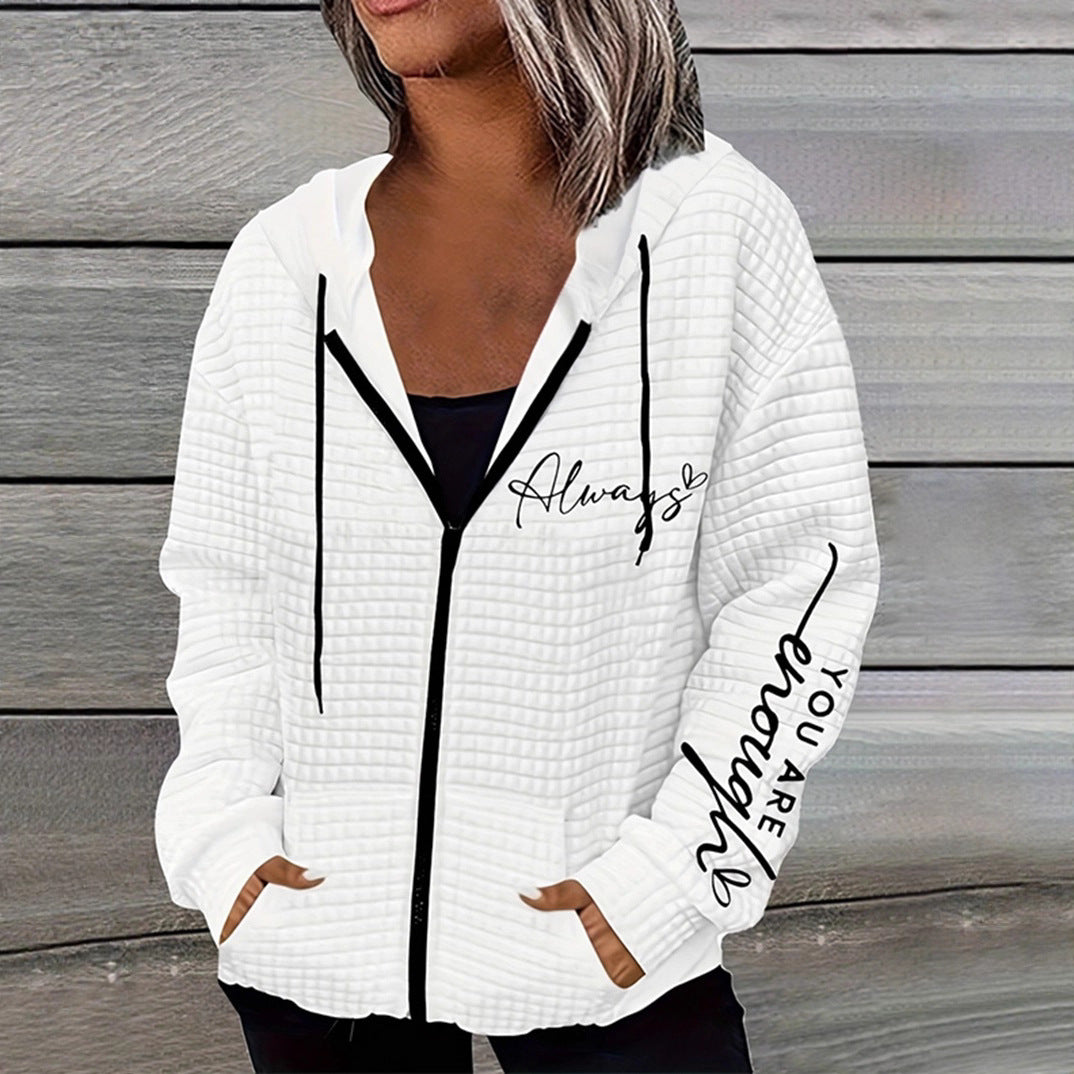 Women's oversized hooded jacket with zipper, handwritten typo application and contrast side pockets StylebySassy