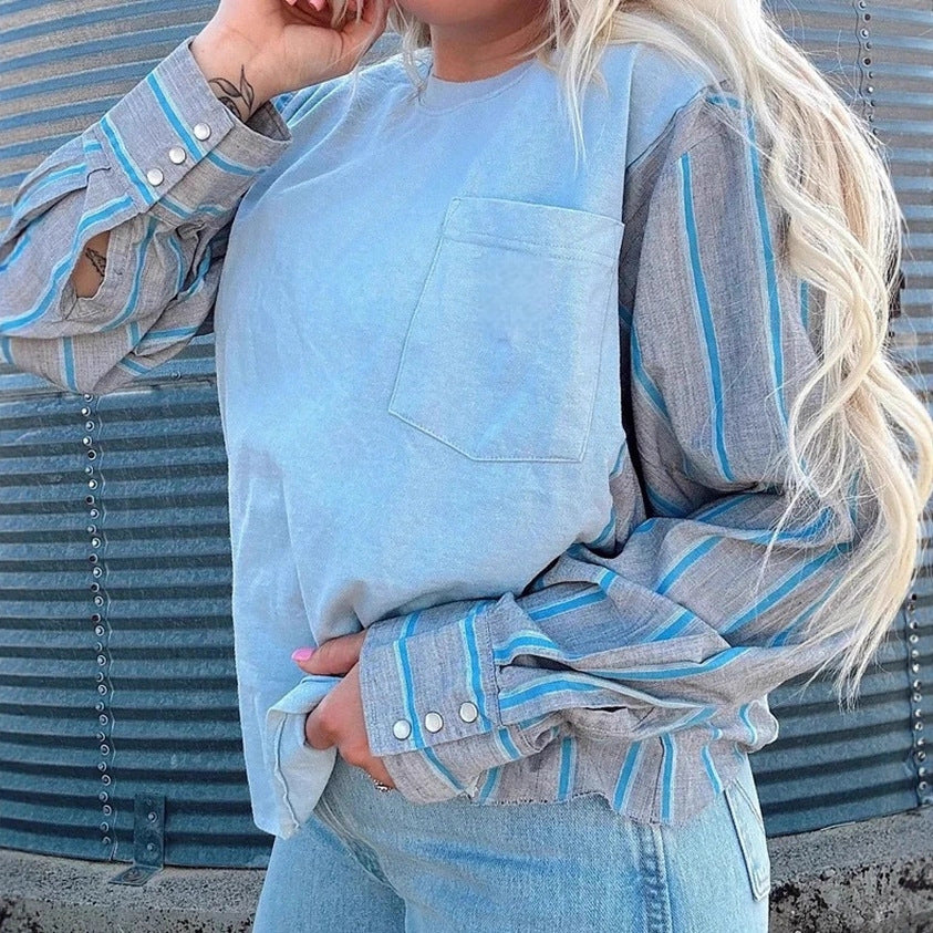Women's long sleeve shirt in layered look with chest pocket and striped shirt sleeves StylebySassy