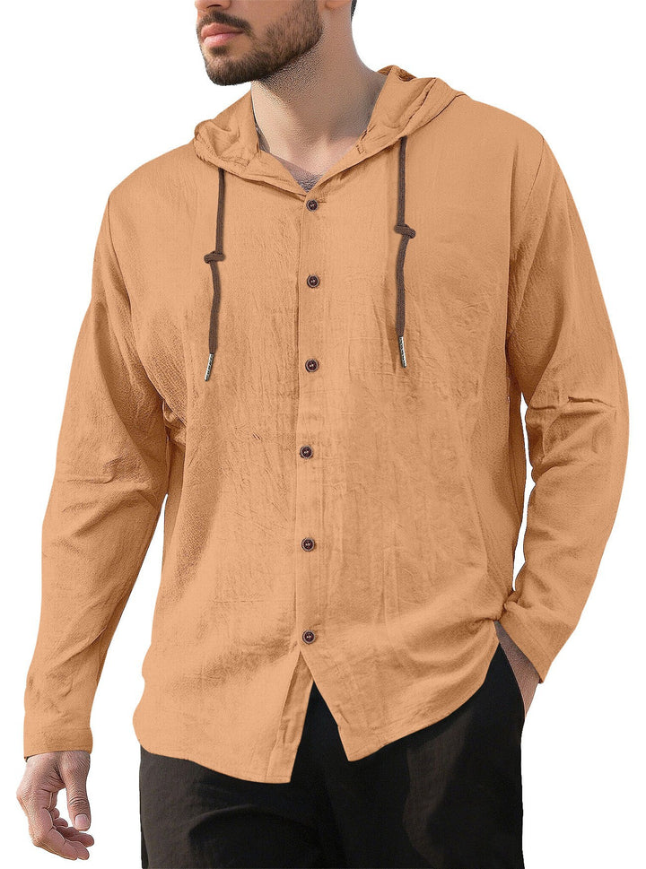 Men's hooded shirt in linen look with button placket and drawstring StylebySassy