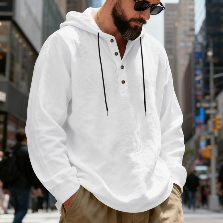 Men's lightweight hooded shirt with button placket made of linen blend and relaxed fit StylebySassy
