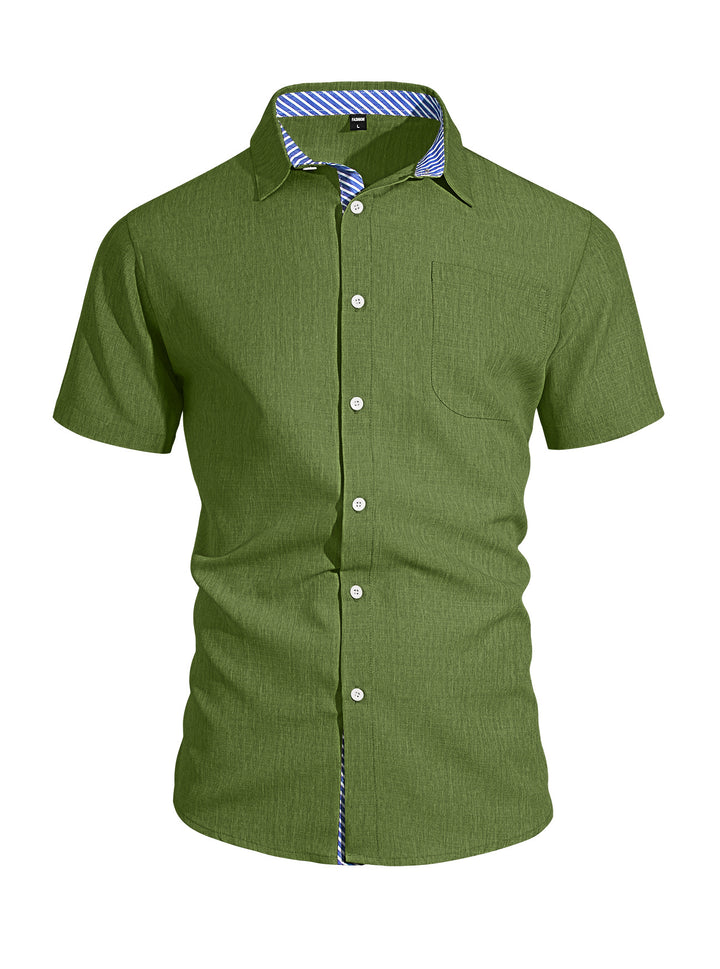 Men's Business Casual Short Sleeve Shirt with Striped Collar Lining and Chest Pocket StylebySassy