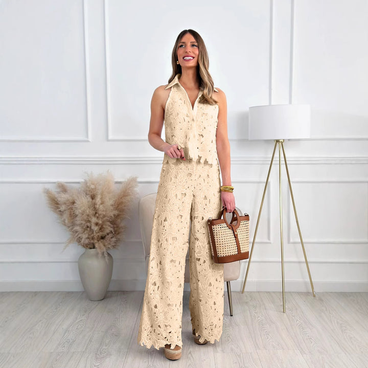 Women floral lace two-piece with shirt collar and wide palazzo pants StylebySassy