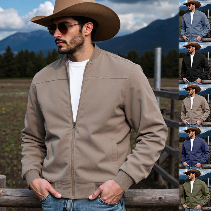 Men's faux suede bomber jacket with stand-up collar, ribbed cuffs, and side pockets StylebySassy