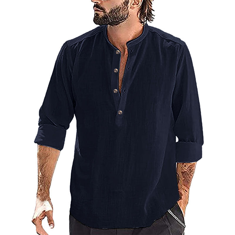 Men's relaxed long sleeve Henley shirt made of breathable linen blend with stand-up collar StylebySassy