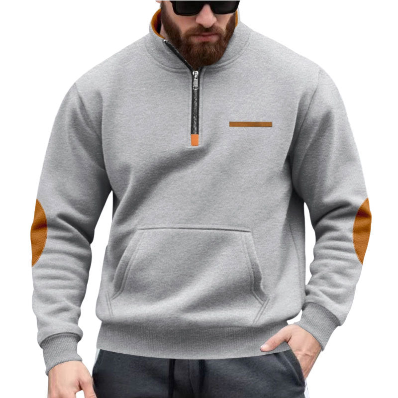 Men's half-zip sweatshirt with stand-up collar, kangaroo pocket, and elbow patches StylebySassy
