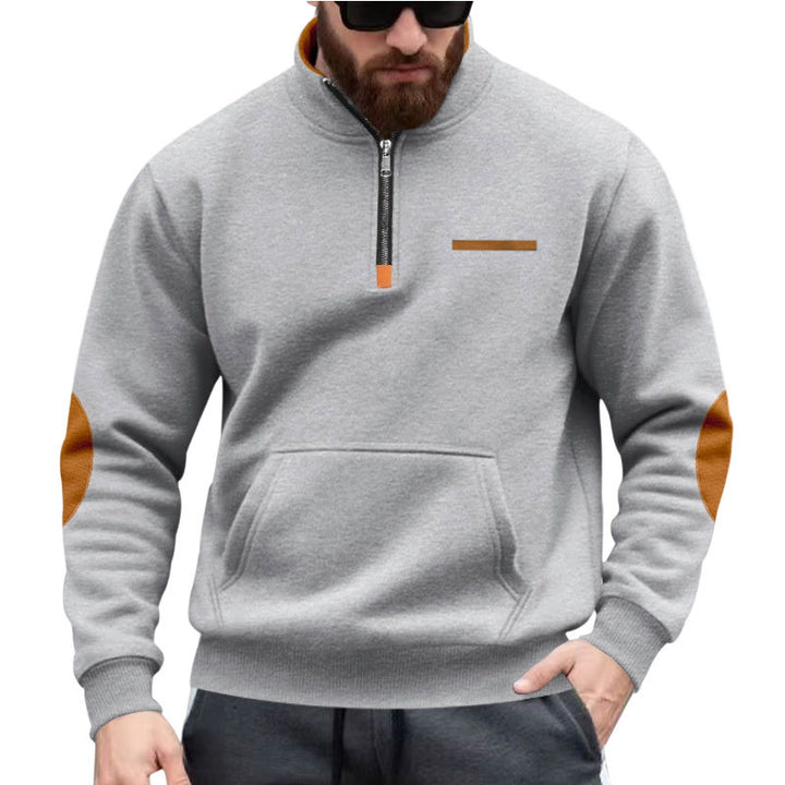 Men's half-zip sweatshirt with stand-up collar, kangaroo pocket, and elbow patches StylebySassy