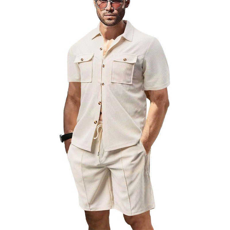 Men's structured short-sleeve shirt and bermuda set made of breathable cotton blend with chest pockets and drawstring StylebySassy