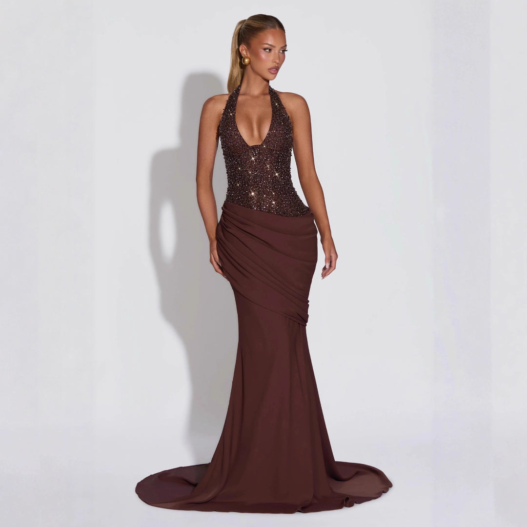 Women Glamorous Evening Dress with Deep V-Neck and Decorative Sequins StylebySassy