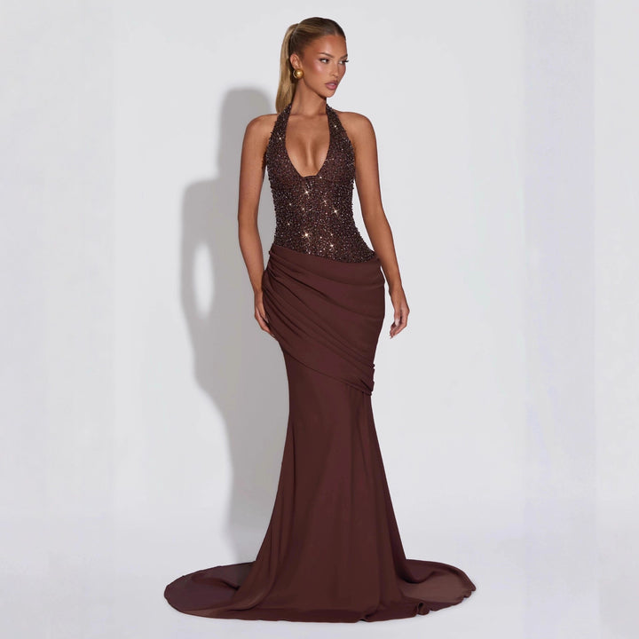 Women Glamorous Evening Dress with Deep V-Neck and Decorative Sequins StylebySassy