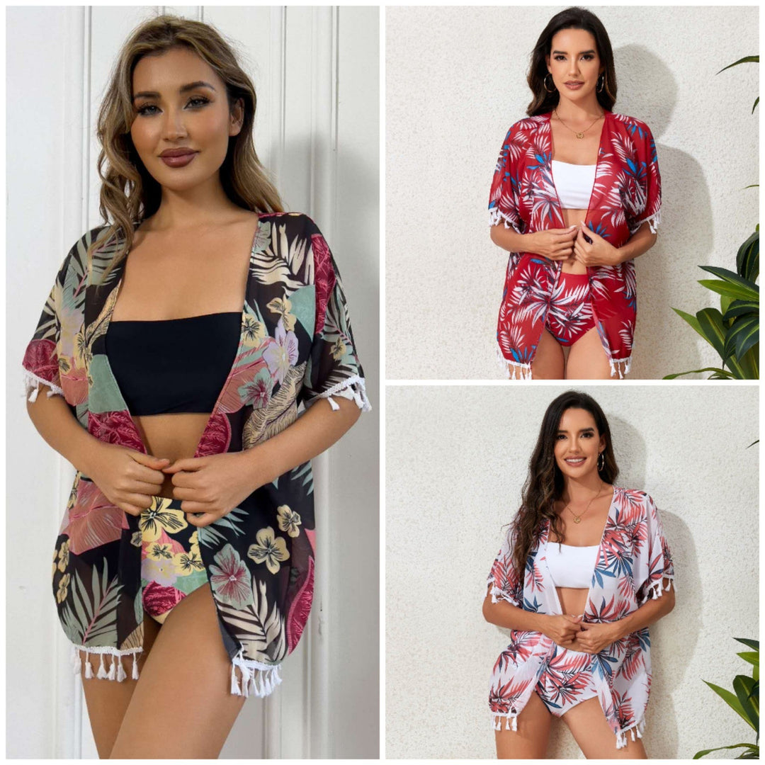 Ladies elegant beach outfit with floral cover-up and matching bikini StylebySassy