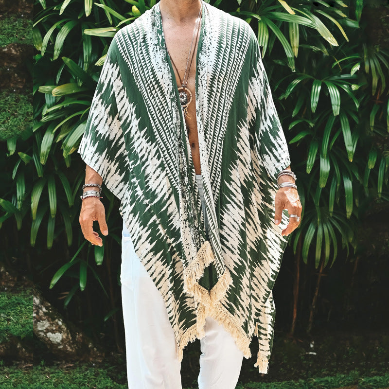 Men's lightweight beach poncho in kimono style with fringe StylebySassy
