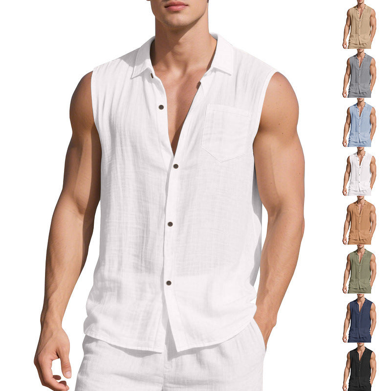 Men's sleeveless camp shirt with open button placket and drawstring waistband pants in linen look StylebySassy