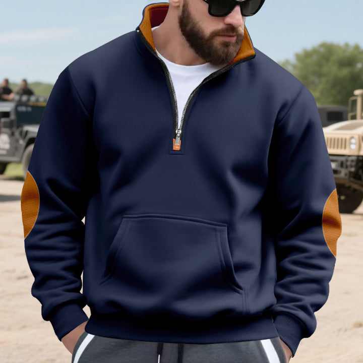 Men's Nano Insulated Half-Zip Pullover with Stand-Up Collar Fleece Lining Kangaroo Pocket and Suede Elbow Patches StylebySassy