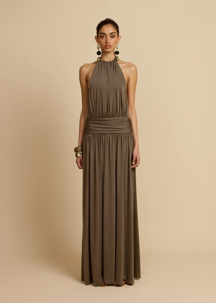 Women Elegant Maxi Dress with High Neck Halter