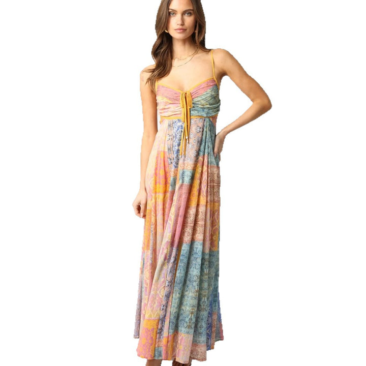 Ladies' ankle-length maxi dress with gathered bustier, drawstring, and patchwork print StylebySassy