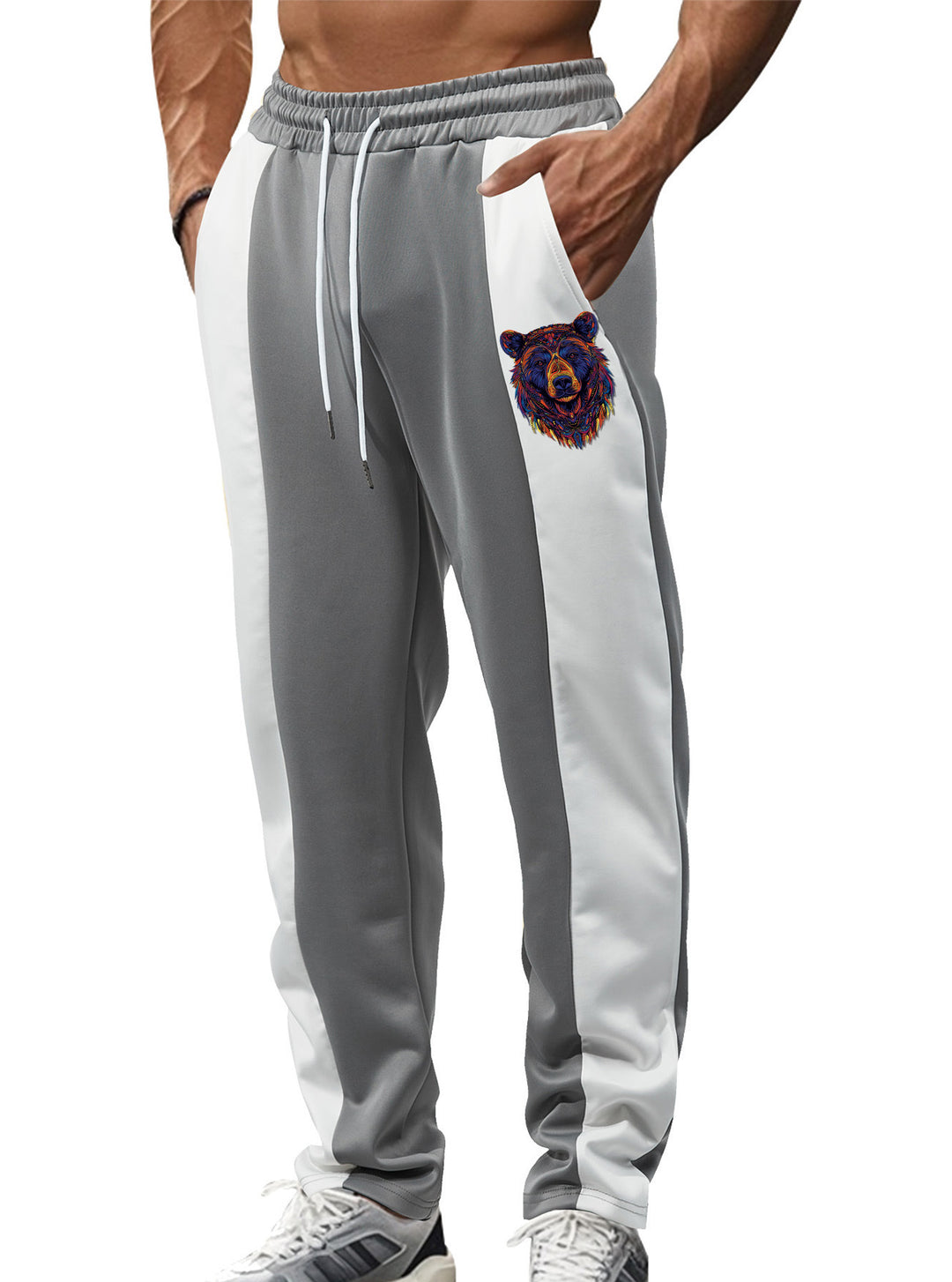 Men's sporty track pants with side contrast stripes, elastic waistband, drawstring, and deer embroidery StylebySassy