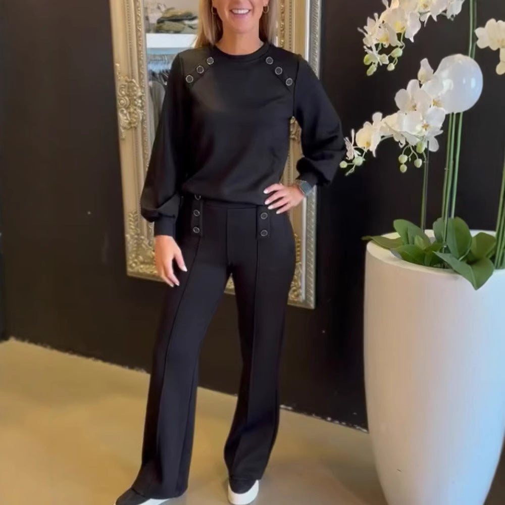 Women's sporty-elegant jersey two-piece set with eyelet decoration, high-waisted wide-leg pants in Marlene style StylebySassy