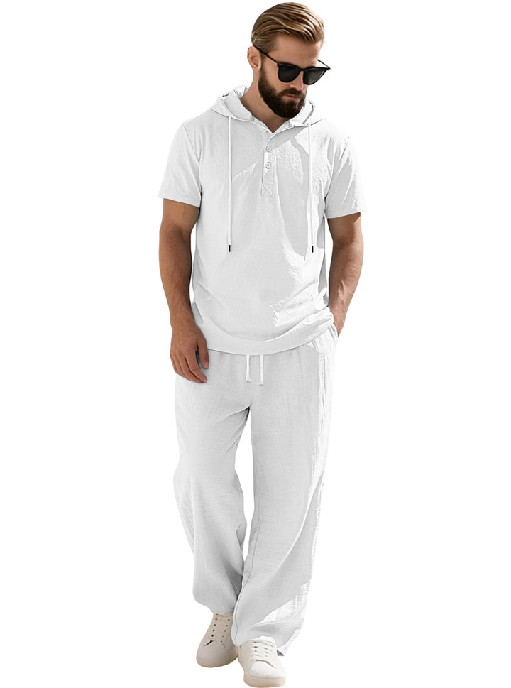 Men's casual short-sleeve hooded shirt in crinkled cotton blend with Henley button placket StylebySassy