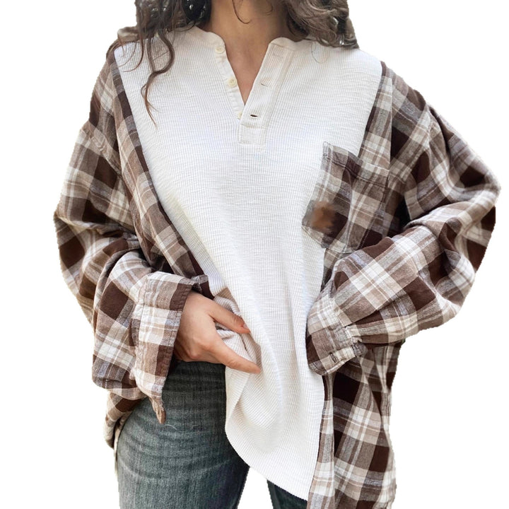 Women's checkered flannel overshirt with patch chest pocket, roll-up sleeves, and relaxed oversized fit StylebySassy
