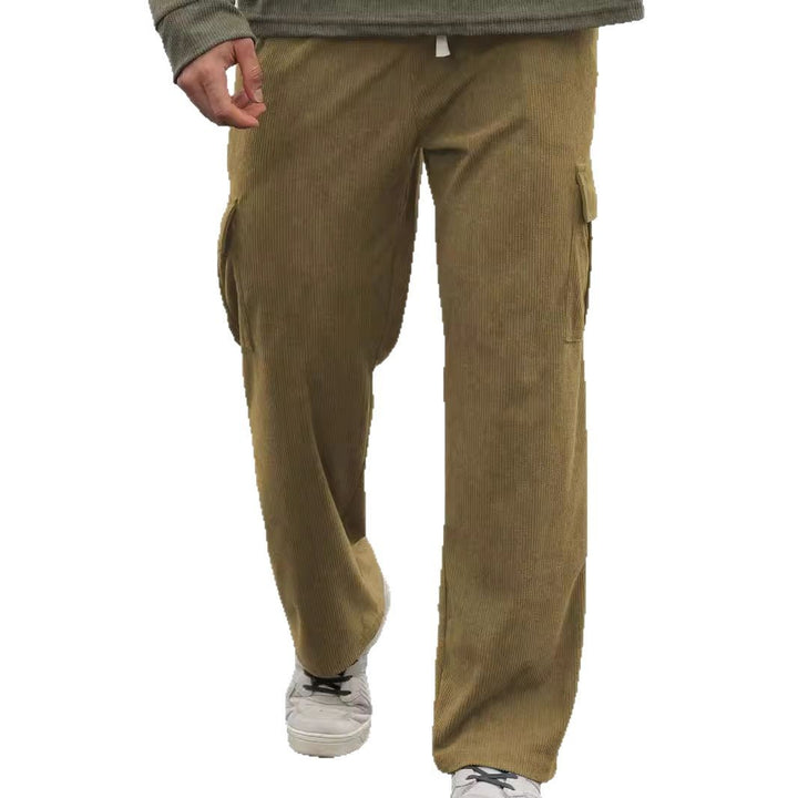 Men's loose wide corduroy cargo pants with drawstring waistband and large flap pockets StylebySassy