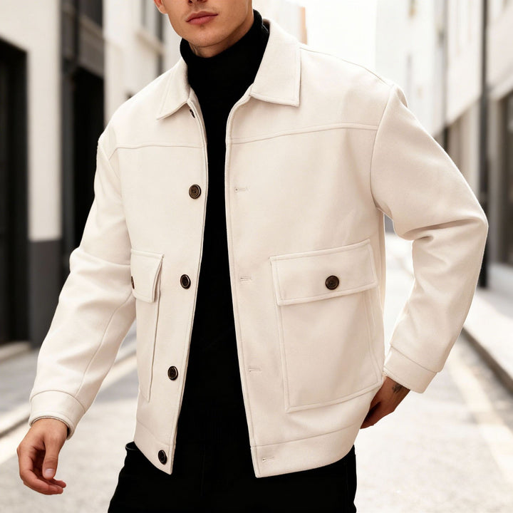 Men's short wool field jacket with shirt collar, flap pockets, and clear silhouette StylebySassy