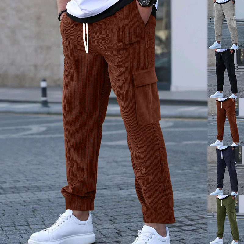 Men's tapered corduroy joggers with elastic drawstring waistband and patch flap pockets StylebySassy