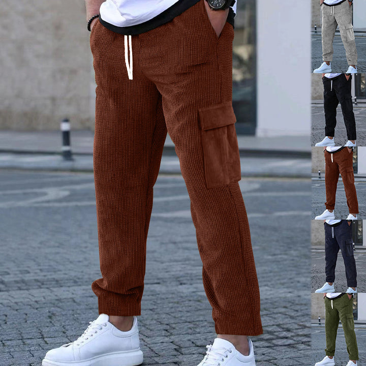 Men's tapered corduroy joggers with elastic drawstring waistband and patch flap pockets StylebySassy