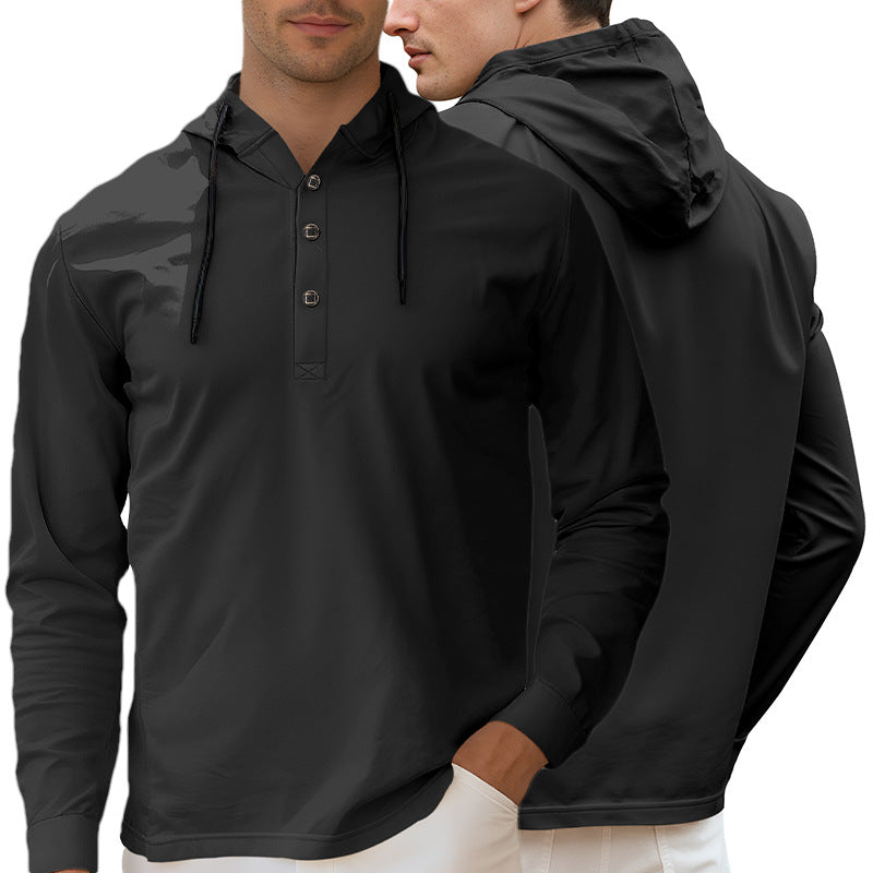 Men's Hooded Henley Long Sleeve Shirt made of lightweight stretch jersey with drawstring StylebySassy