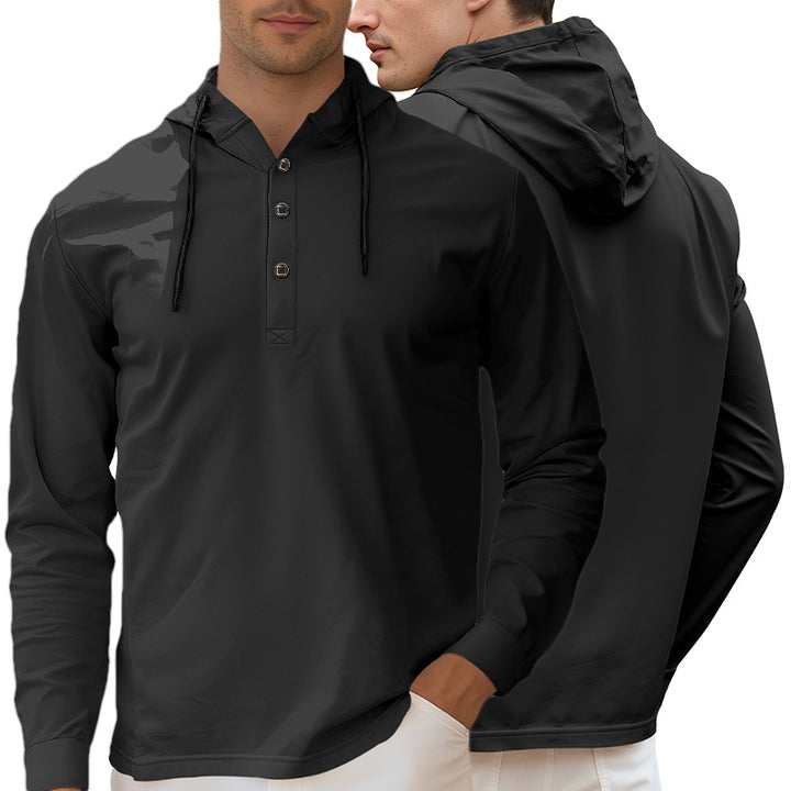 Men's Hooded Henley Long Sleeve Shirt made of lightweight stretch jersey with drawstring StylebySassy