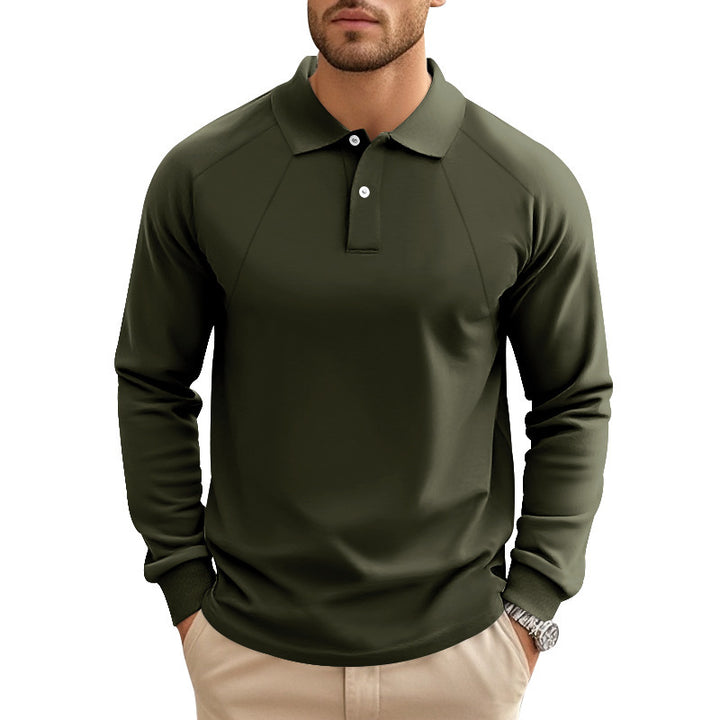 Men's long-sleeved polo shirt with raglan sleeves, short button placket and ribbed cuffs StylebySassy