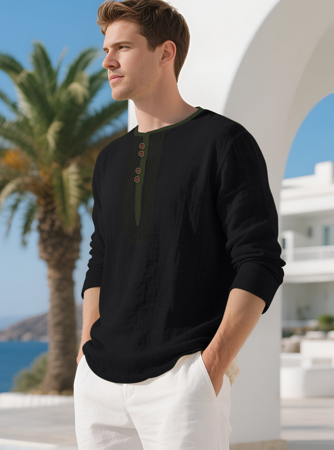 Men's Casual Linen Blend Long Sleeve Shirt with Decorative Button Placket and Decorative Stitching StylebySassy