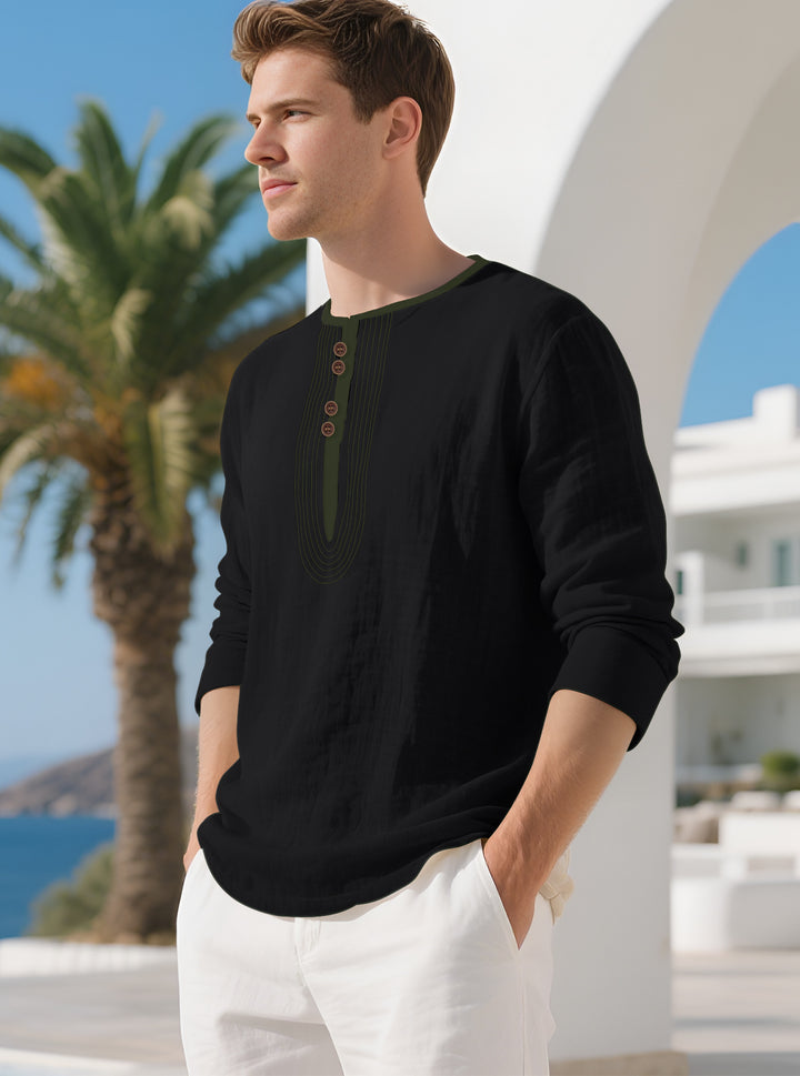Men's Casual Linen Blend Long Sleeve Shirt with Decorative Button Placket and Decorative Stitching StylebySassy