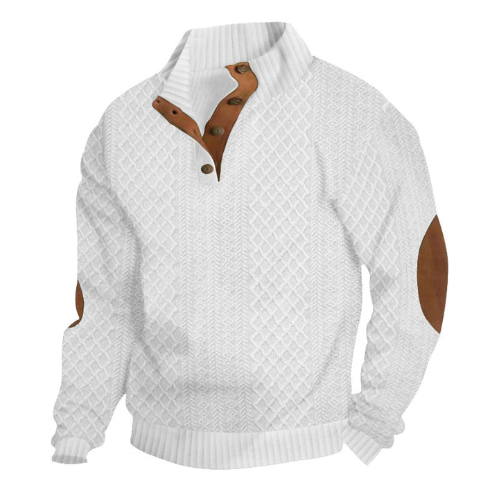 Men's chunky cable knit Troyer with button placket and suede elbow patches StylebySassy